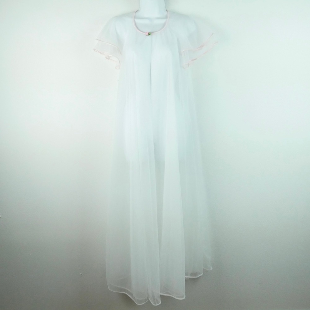 Vintage Val Mode Sheer White Nylon Peignoir Robe Rosette Coquette Bridal S